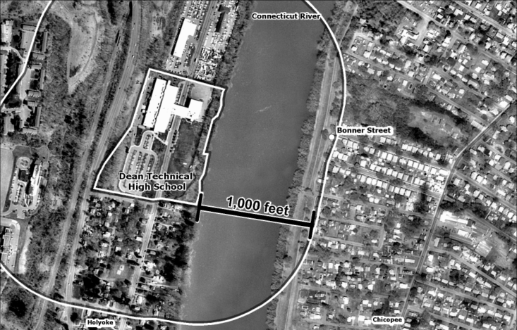 Map shows 1,000-foot zone around Holyoke’s Dean Technical High School cross the Connecticut River and reach into Chicopee.