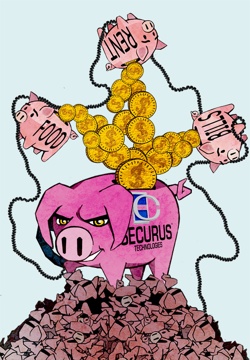 illustration showing the Securus piggybank gaining money from family funds intended for food, rent and other bills