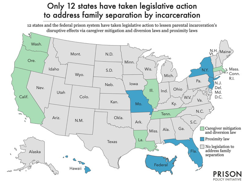 Map showing 12 states that have taken action to address family separation by incarceration
