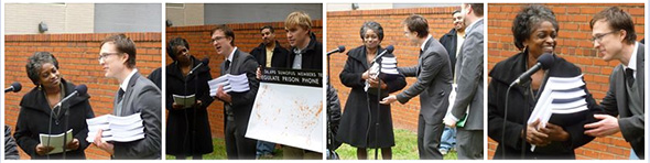 images of Drew Kukorowski of the Prison Policy Initiative and Rob Wohl of SumOfUs presenting 36,690 petitions to FCC Commissioner Mignon Clyburn