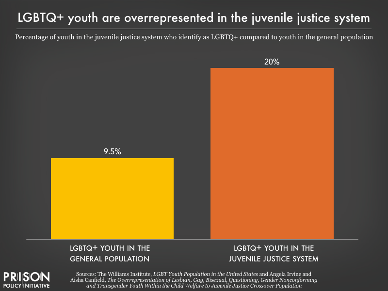 Chart showing that LGBTQ youth make up 20 percent of youth in the juvenile justice system, despite making up less than 10 percent of the overall youth population.