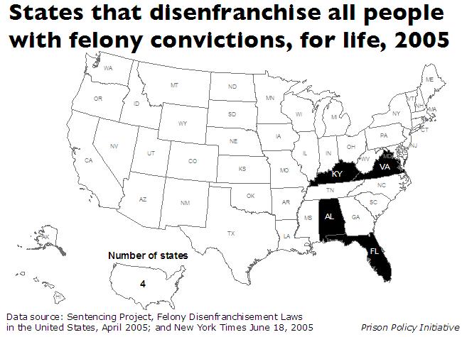 Lifetime disenfranchisement map by state