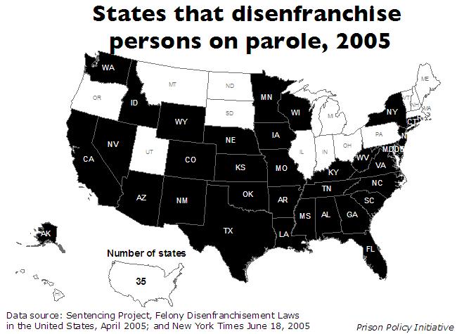 Parolee disenfranchisement map by state
