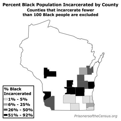 map showing the percentage of the Black population in each Wisconsin county's census population that is incarcerated rather than resident in the county