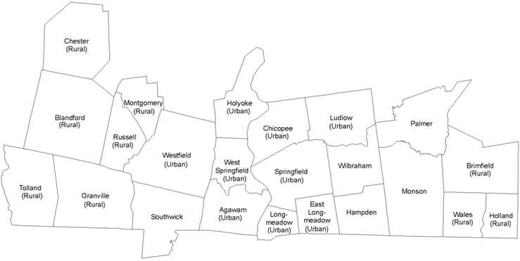 map showing the cities and towns in Hampden County along with their classification as urban or rural 