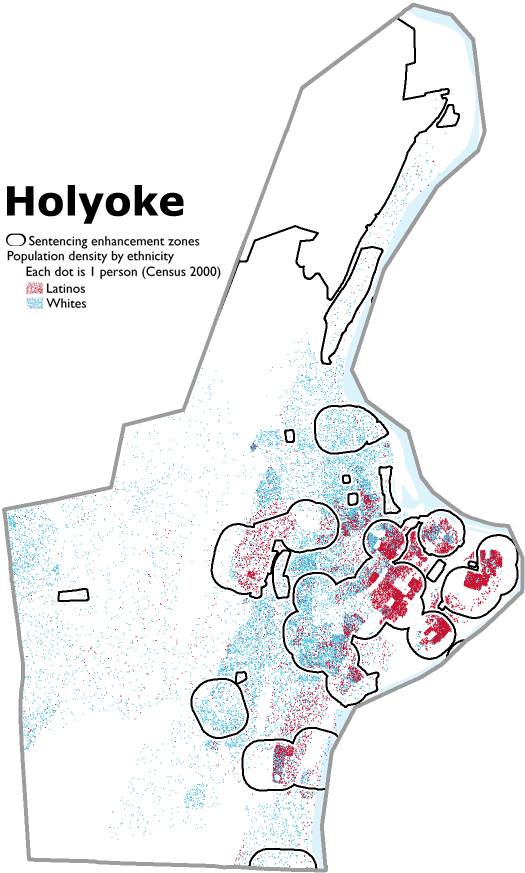 Map showing the White and Latino populations of Holyoke and the sentencing enhancement zones in that city. The Latino population lives disproportionately in the zones.   