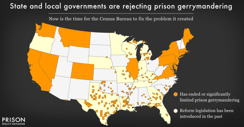Map showing the growing national momentum to end prison-based gerrymandering, including actions by state and local governments