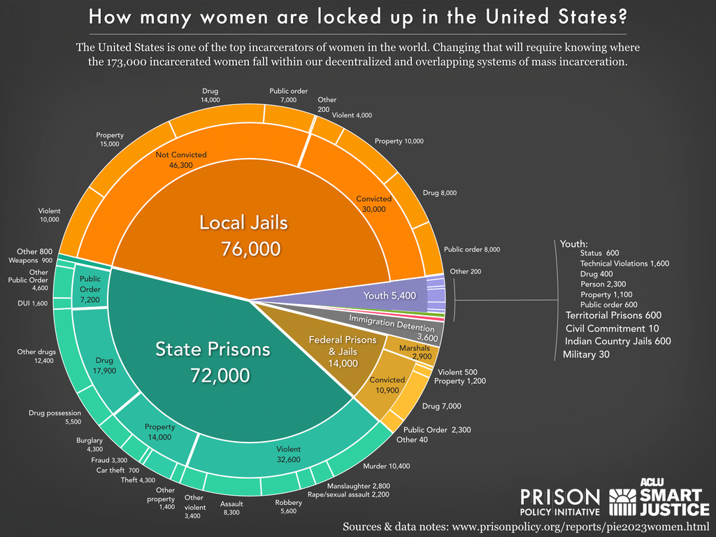 pie chart showing the number of women locked up on a given day in the United States by facility type and the underlying offense using the newest data available in 2023