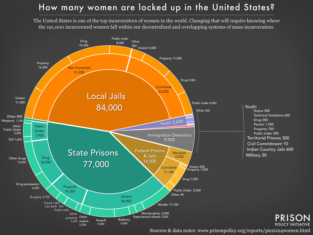 pie chart showing the number of women locked up on a given day in the United States by facility type and, where available, the underlying offense