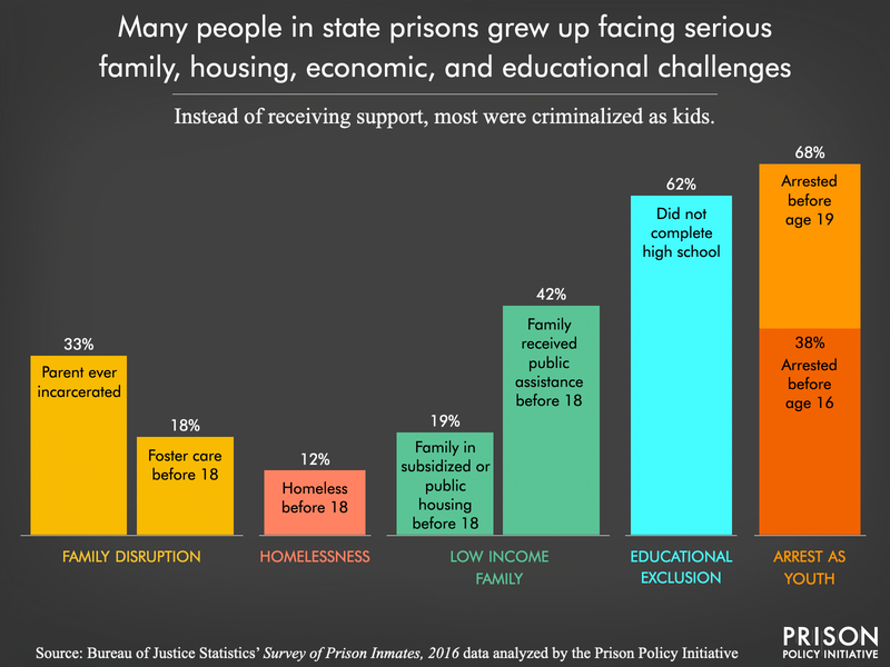 chart summarizing the family, housing, economic, and educational challenges faced by people in prison in their youth and discussed in this section 